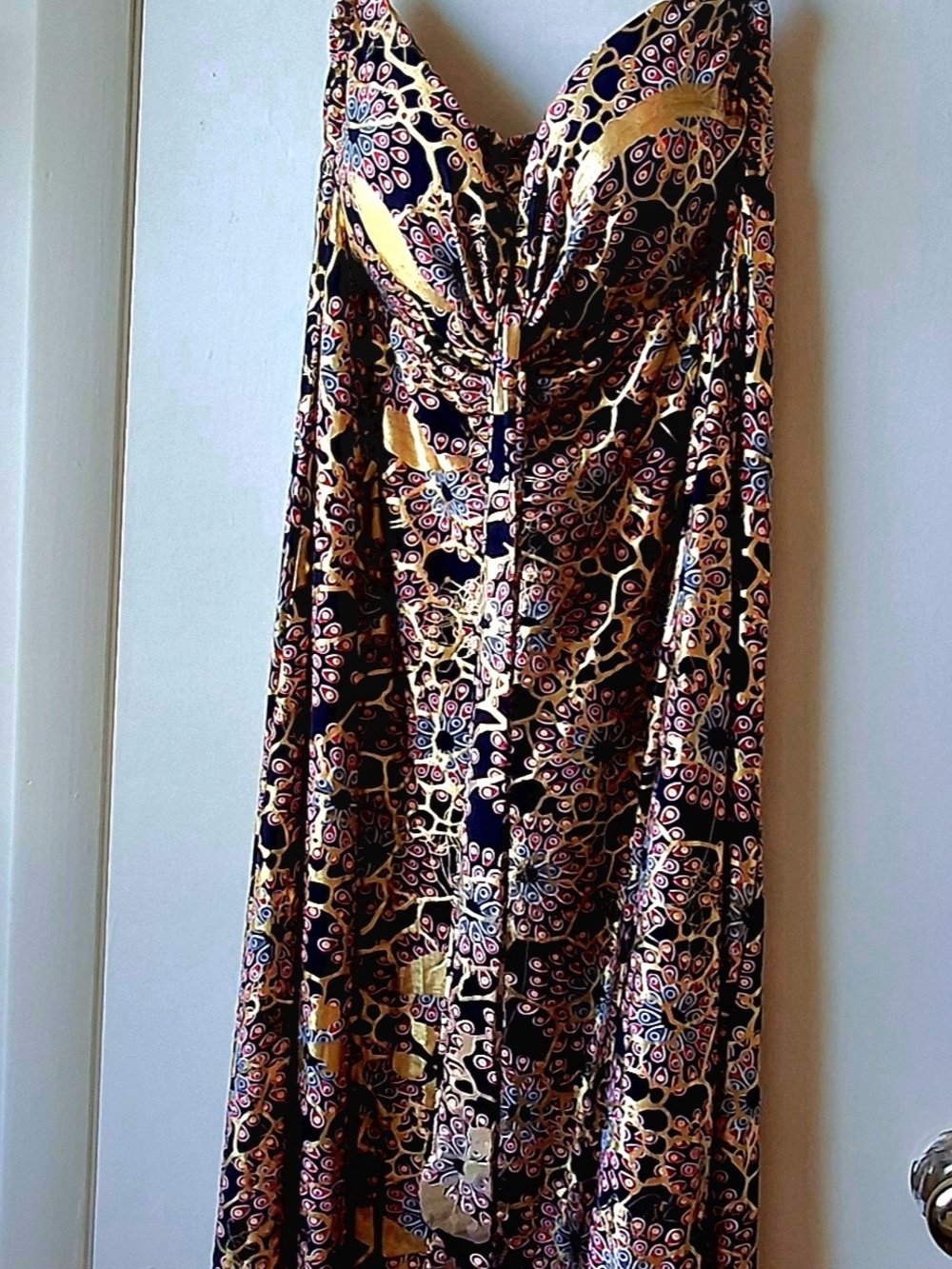 Multicolor-Print Maxi Skirt in dark Blue and Gold Strapless Size L